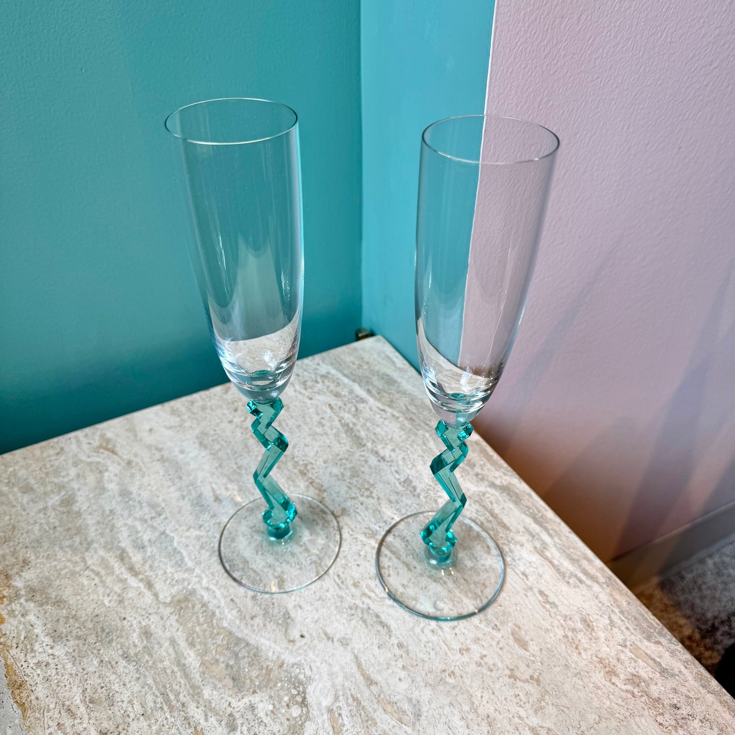Pair of Vintage Zig Zag Stem Champagne Flutes
