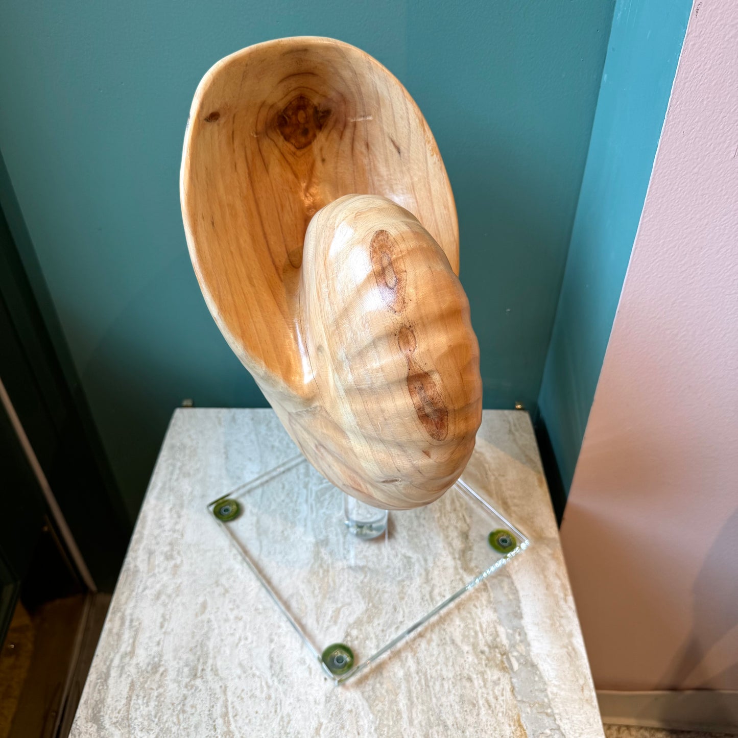 Vintage Carved Wooden Nautilus Shell on Lucite Stand