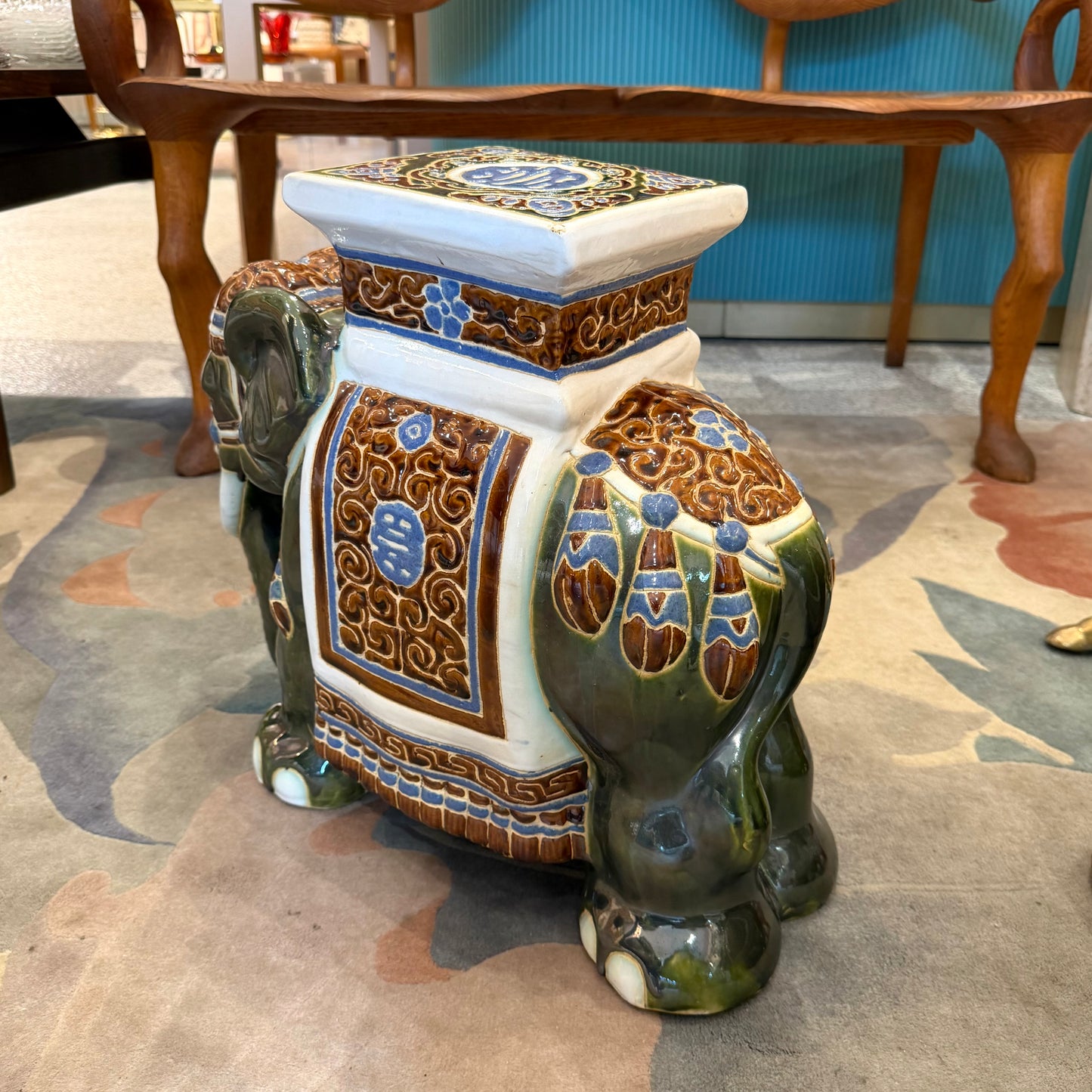 Vintage Hand Painted Green Ceramic Asian Elephant Plant Stand