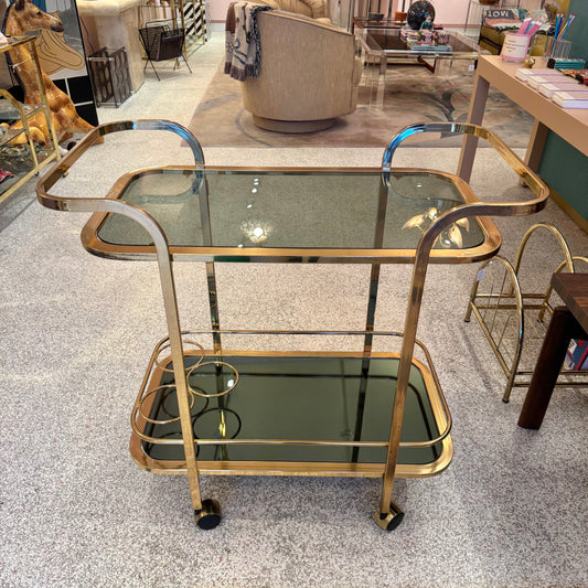 Vintage Brass and Smoked Glass Rolling Bar Cart