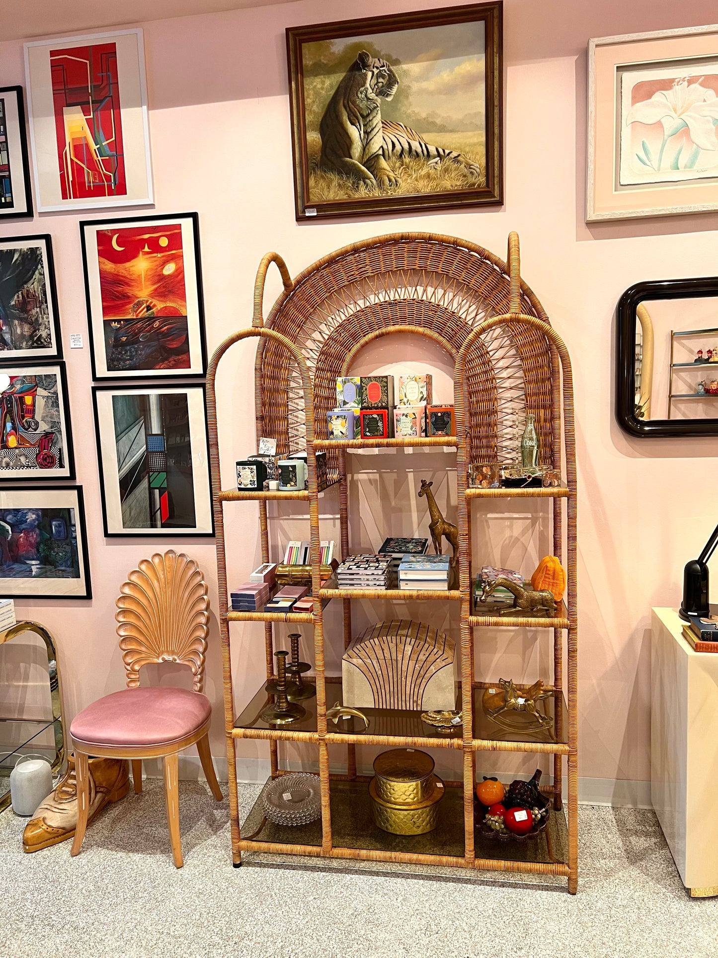 Vintage Wicker Rattan Etagere with Smoked Glass