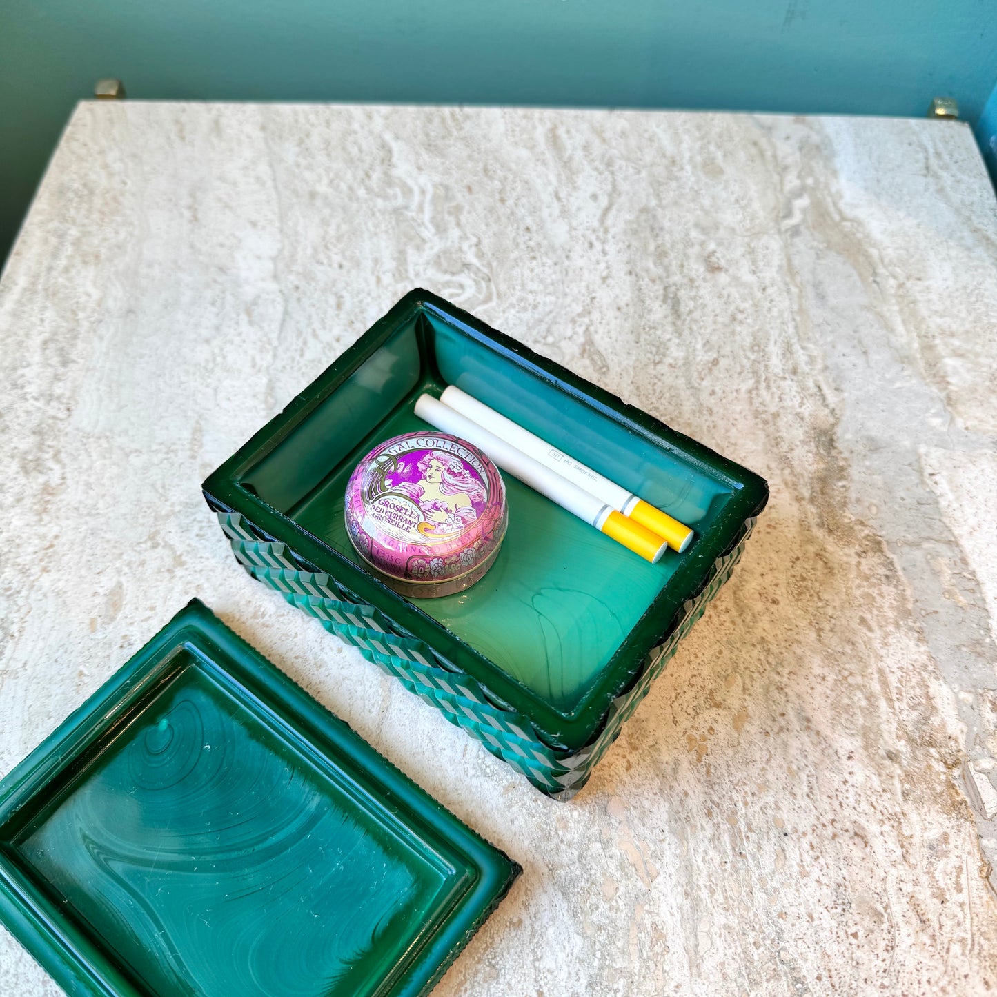 Vintage Art Deco Malachite Glass Trinket Box