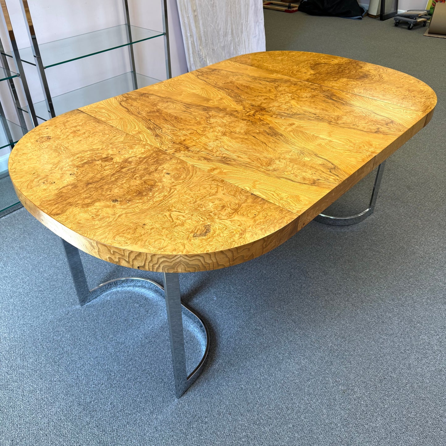 Vintage Milo Baughman Style Extendable Oval Burl and Chrome Dining Table