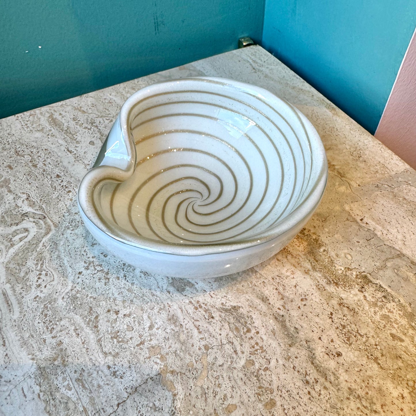 Vintage White and Gold Swirl Murano Glass Ashtray/Bowl