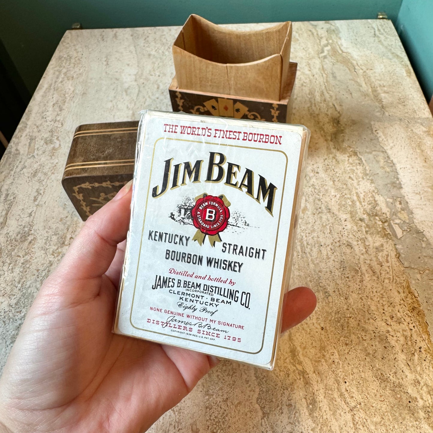 Antique Wooden Playing Card Box with Cards