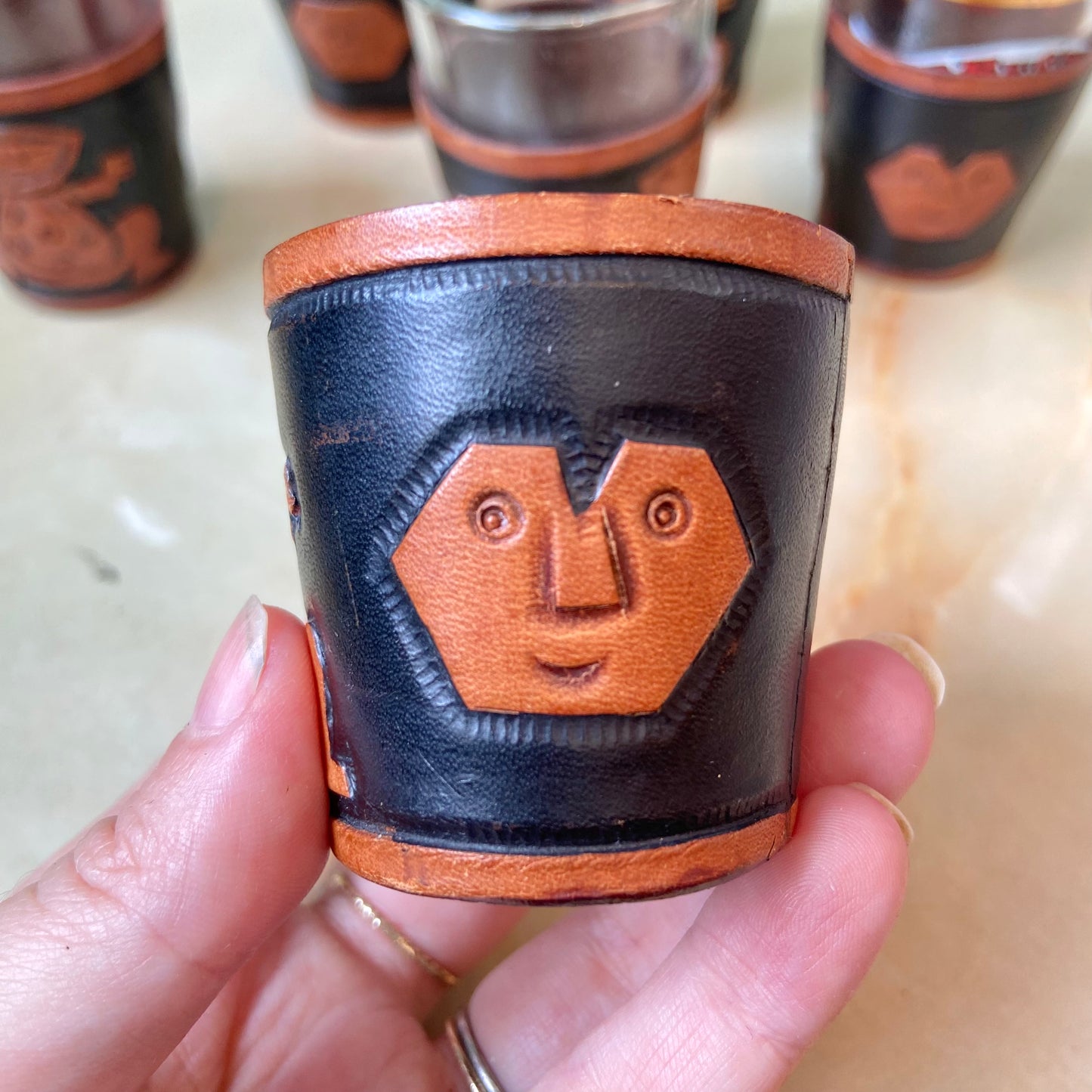 Set of 6 Vintage Leather Shot Glass Holders