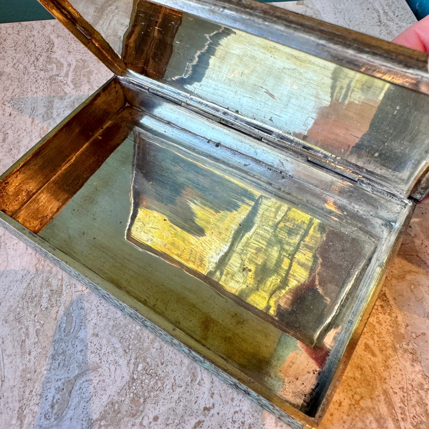 Antique Brass Box with Mosaic Turquoise Stone Design