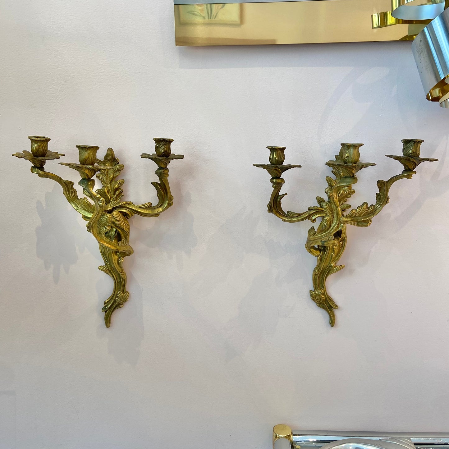 Pair of Antique Louis XV Rococo Style Brass 3 Arm Candle Sconces