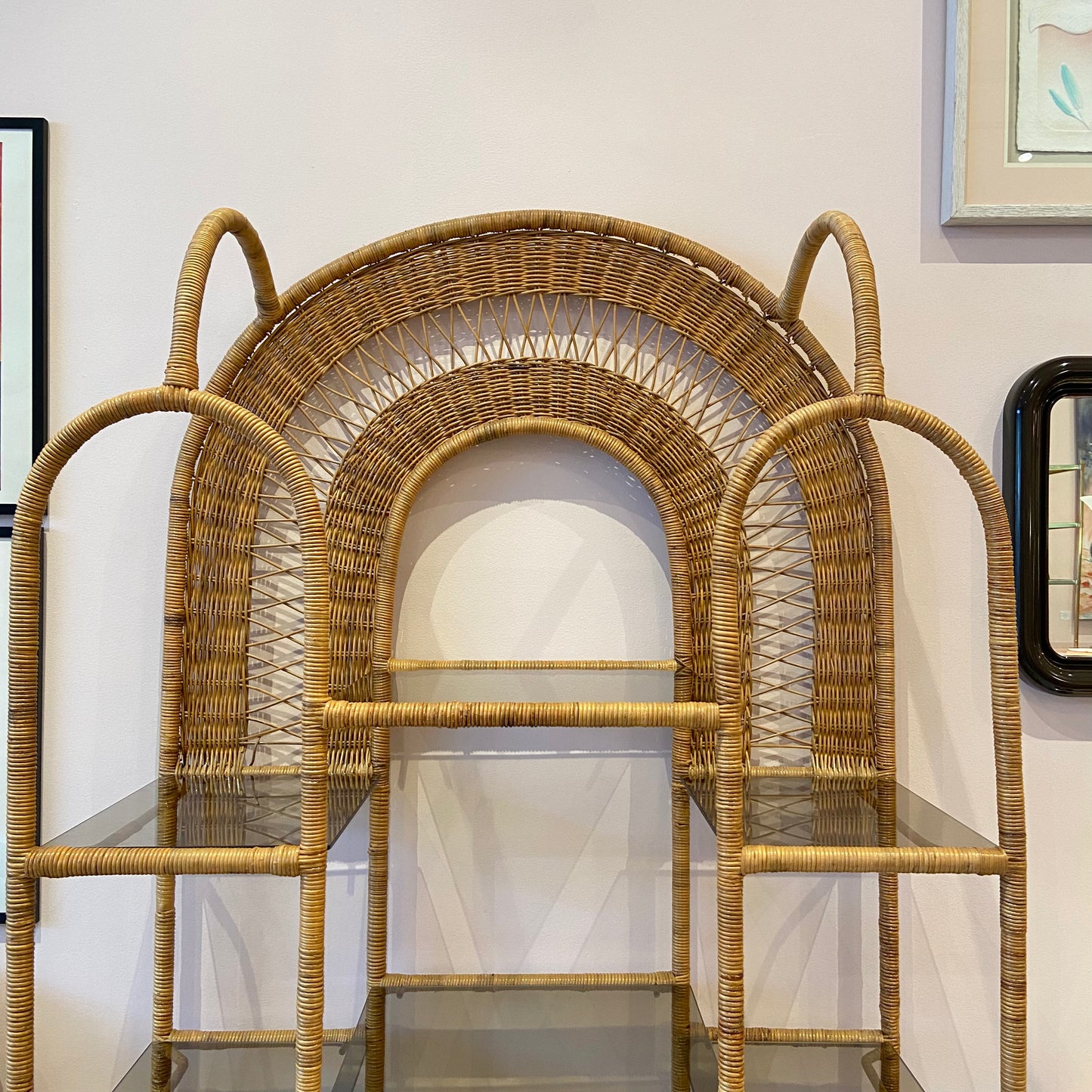 Vintage Wicker Rattan Etagere with Smoked Glass