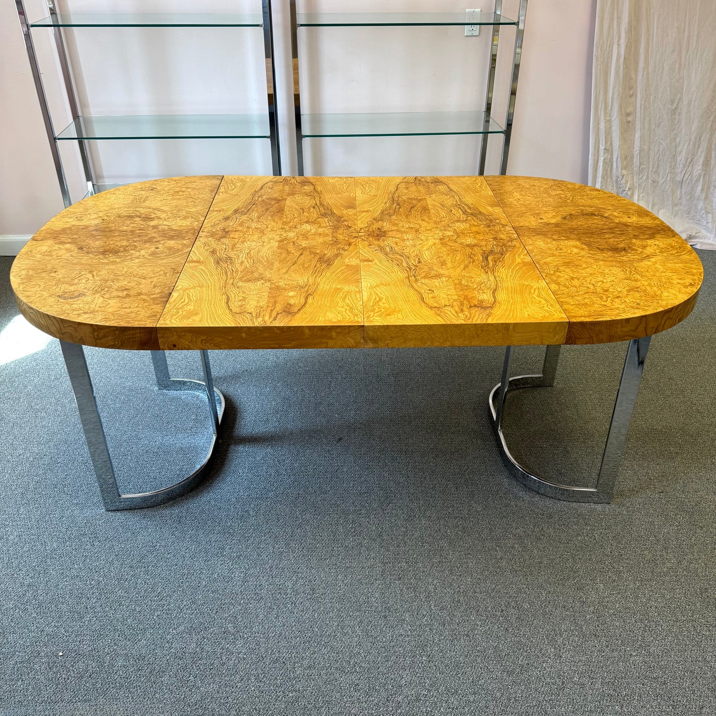 Vintage Milo Baughman Style Extendable Oval Burl and Chrome Dining Table