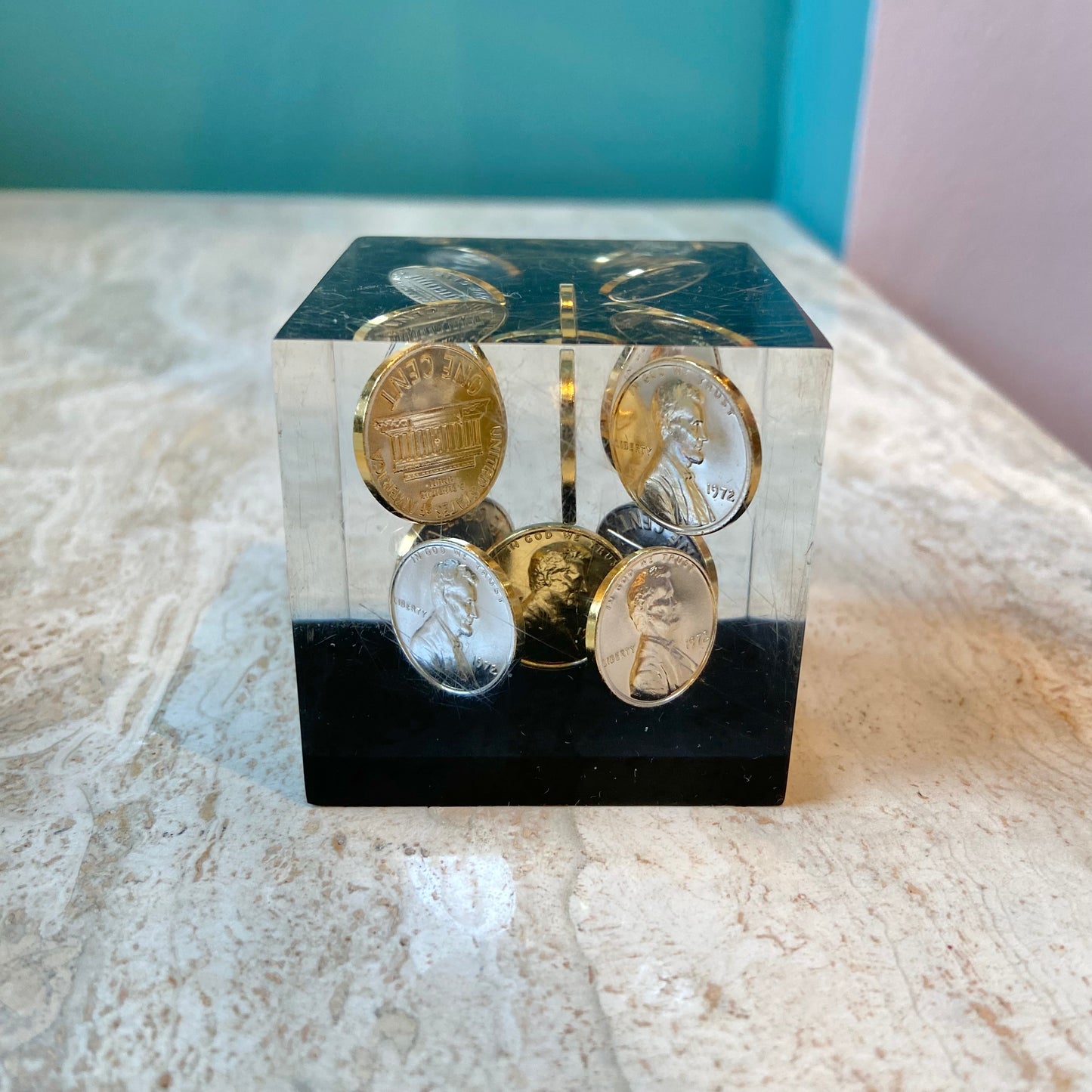 Vintage Lucite 1972 Penny Paperweight