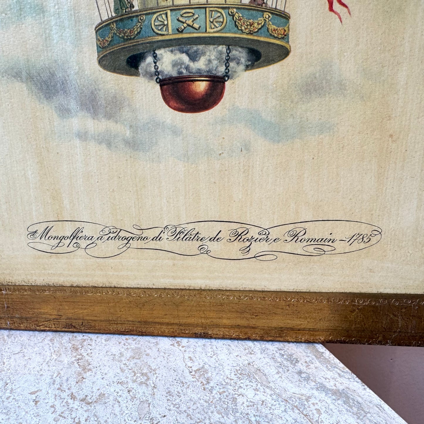 Vintage Italian Hot Air Balloon Artwork with Gold Gilded Border