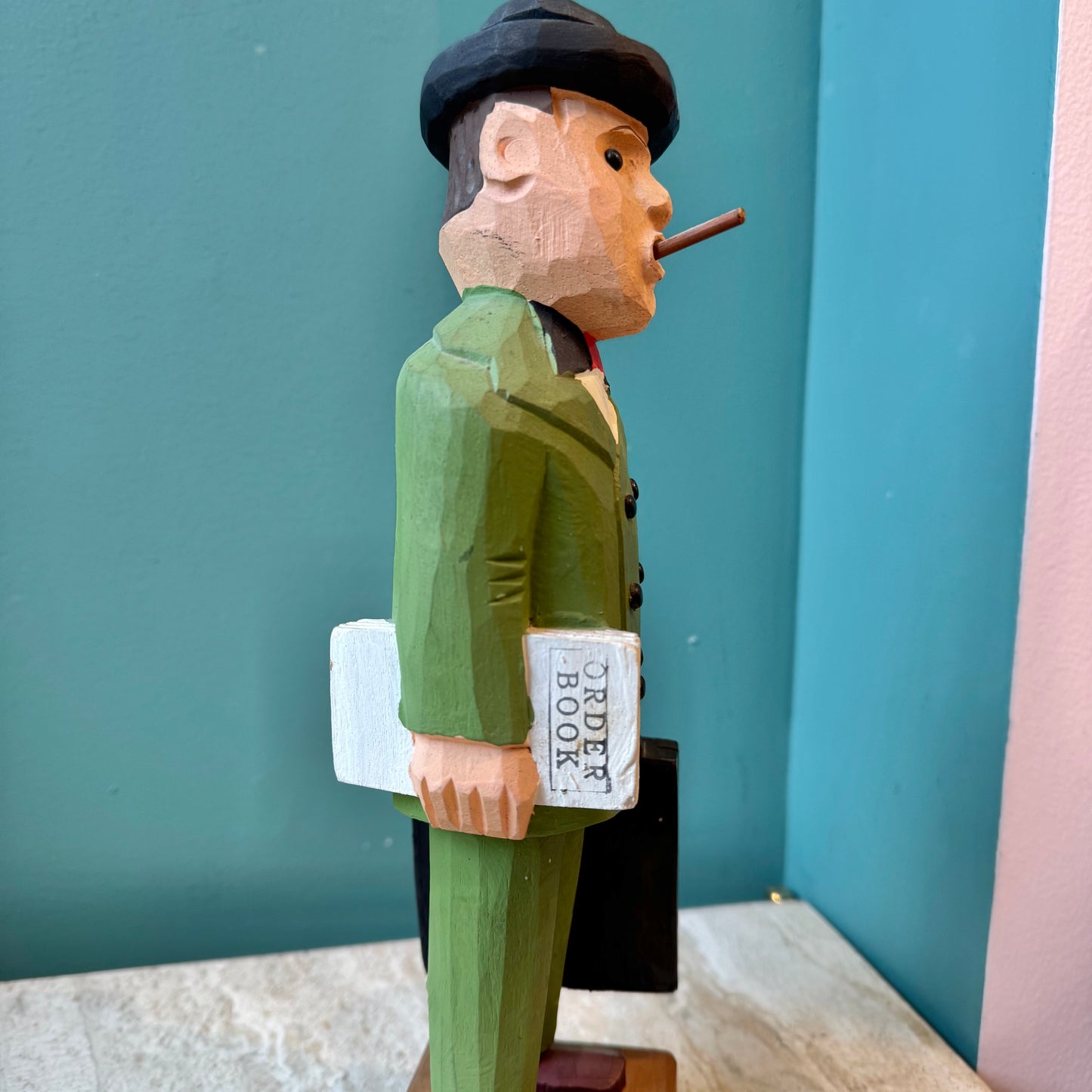 Vintage Hand Carved Wooden Salesman Statue