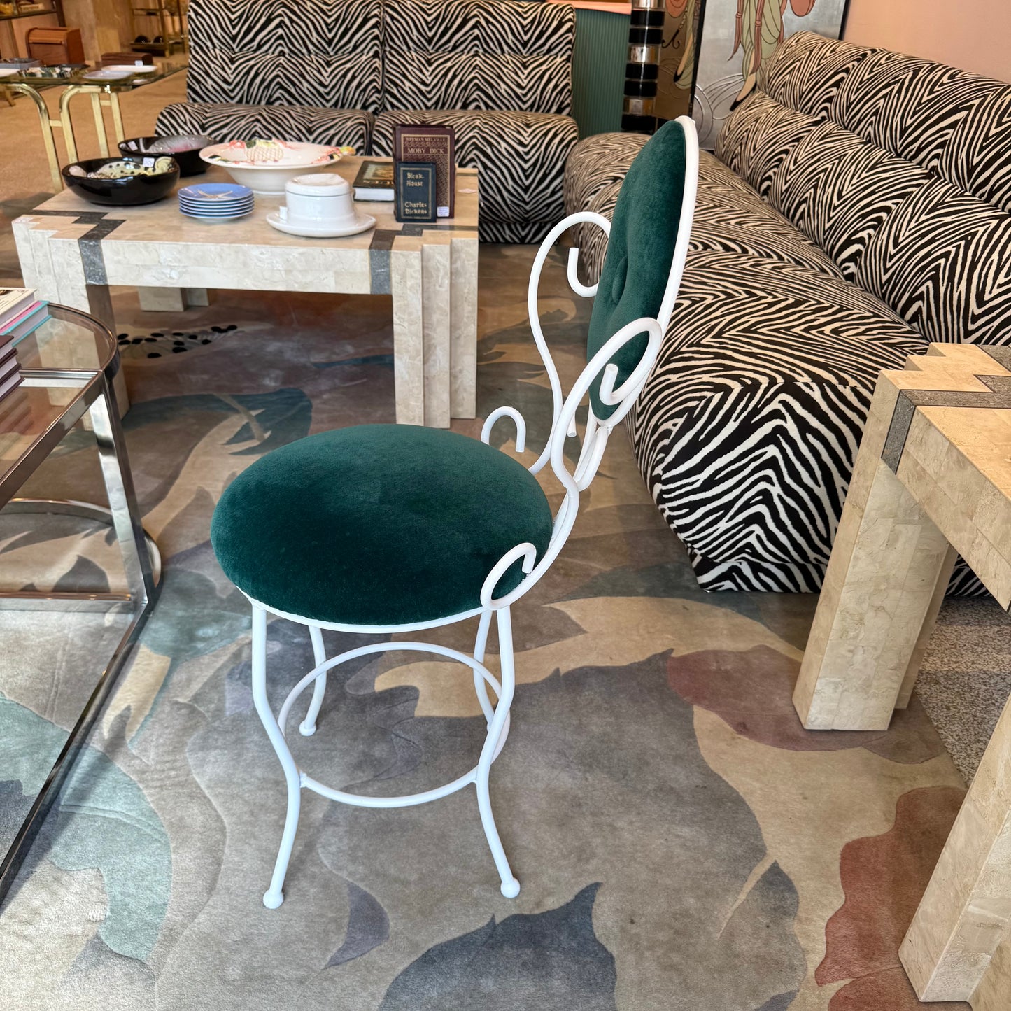 Vintage Small White Iron and Green Velvet Vanity Chair