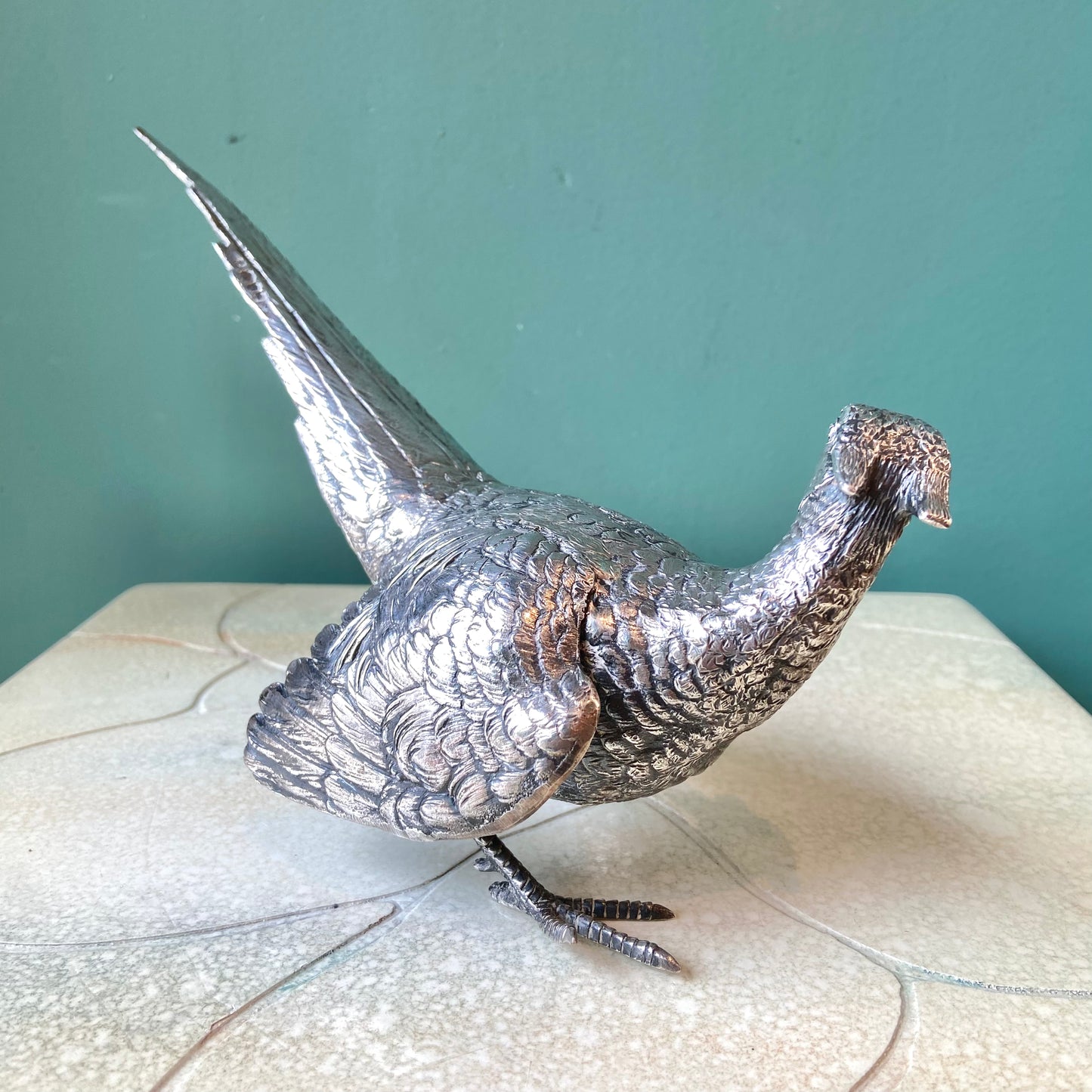 Pair of Antique Silver Plated Pheasant Bird Statues