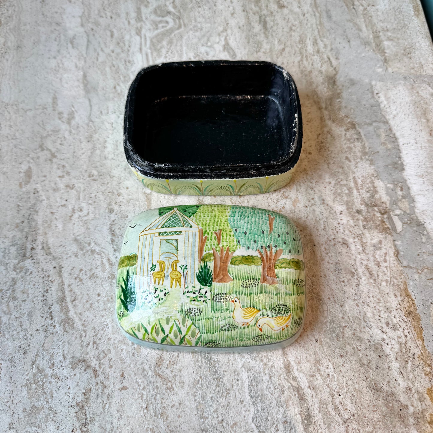 Vintage Papier Mache Garden Scene Trinket Box