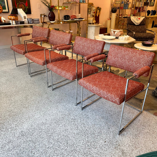 Vintage Set of 4 Milo Baughman '1188' Chrome and Orange Wool Dining Chairs