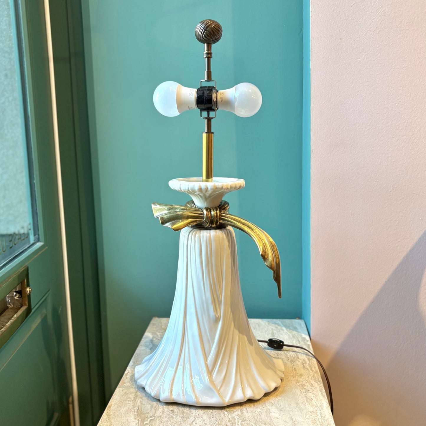 Vintage Ceramic Draped Cloth and Brass Bow Lamp with Scallop Shade by Chapman