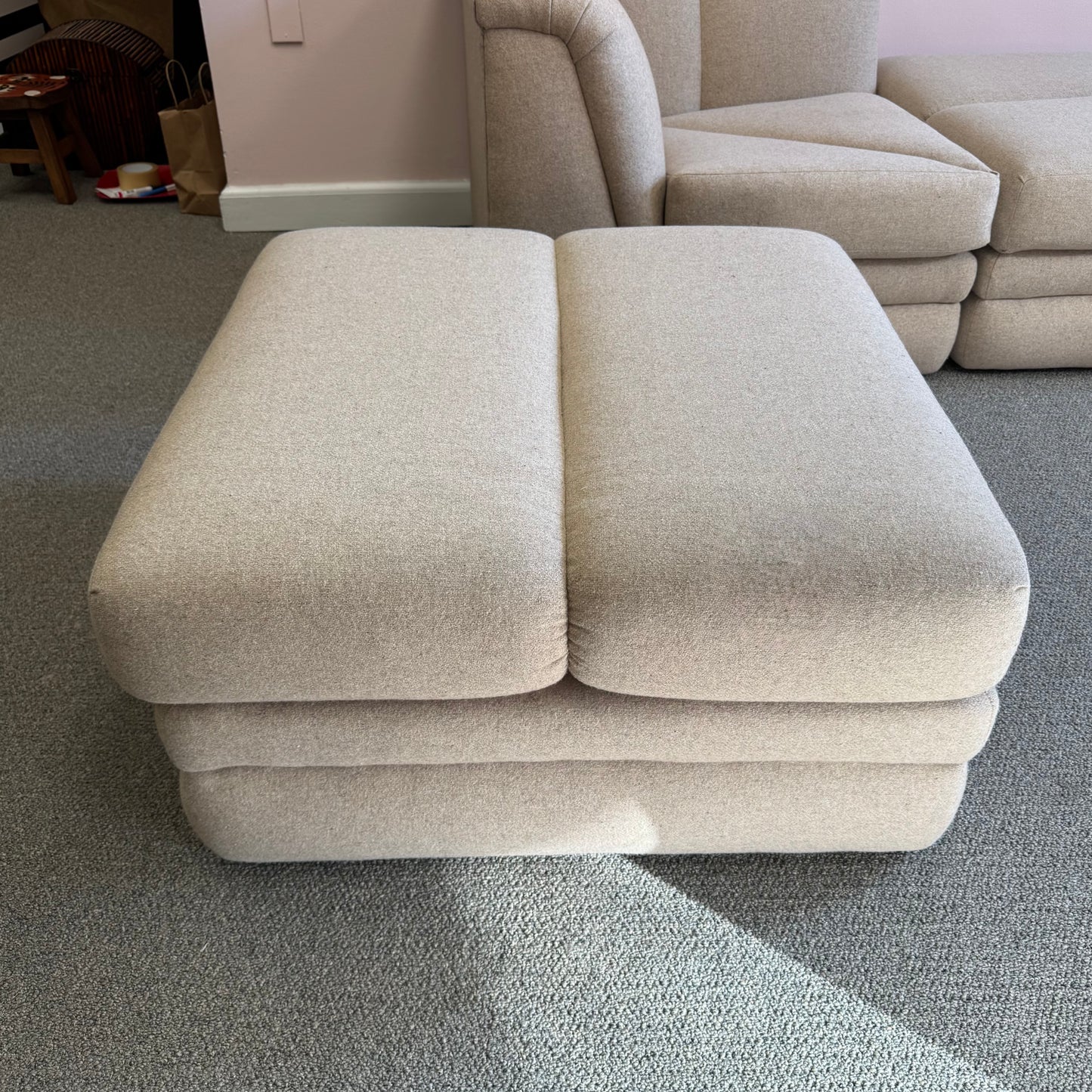 Vintage Soft Beige Tweed Chair & Ottoman