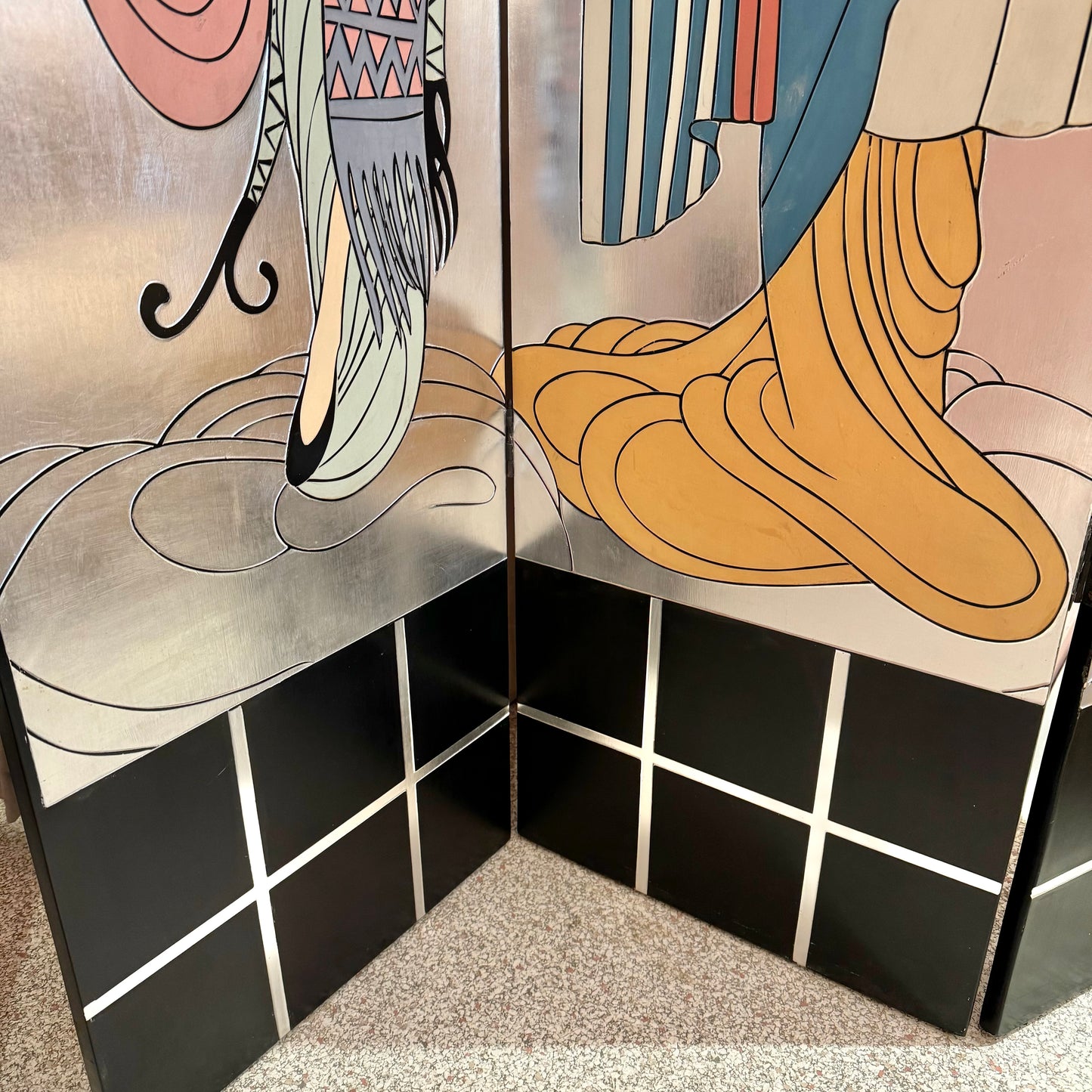 Vintage Art Deco Silver Leaf Tri-Fold Screen Room Divider