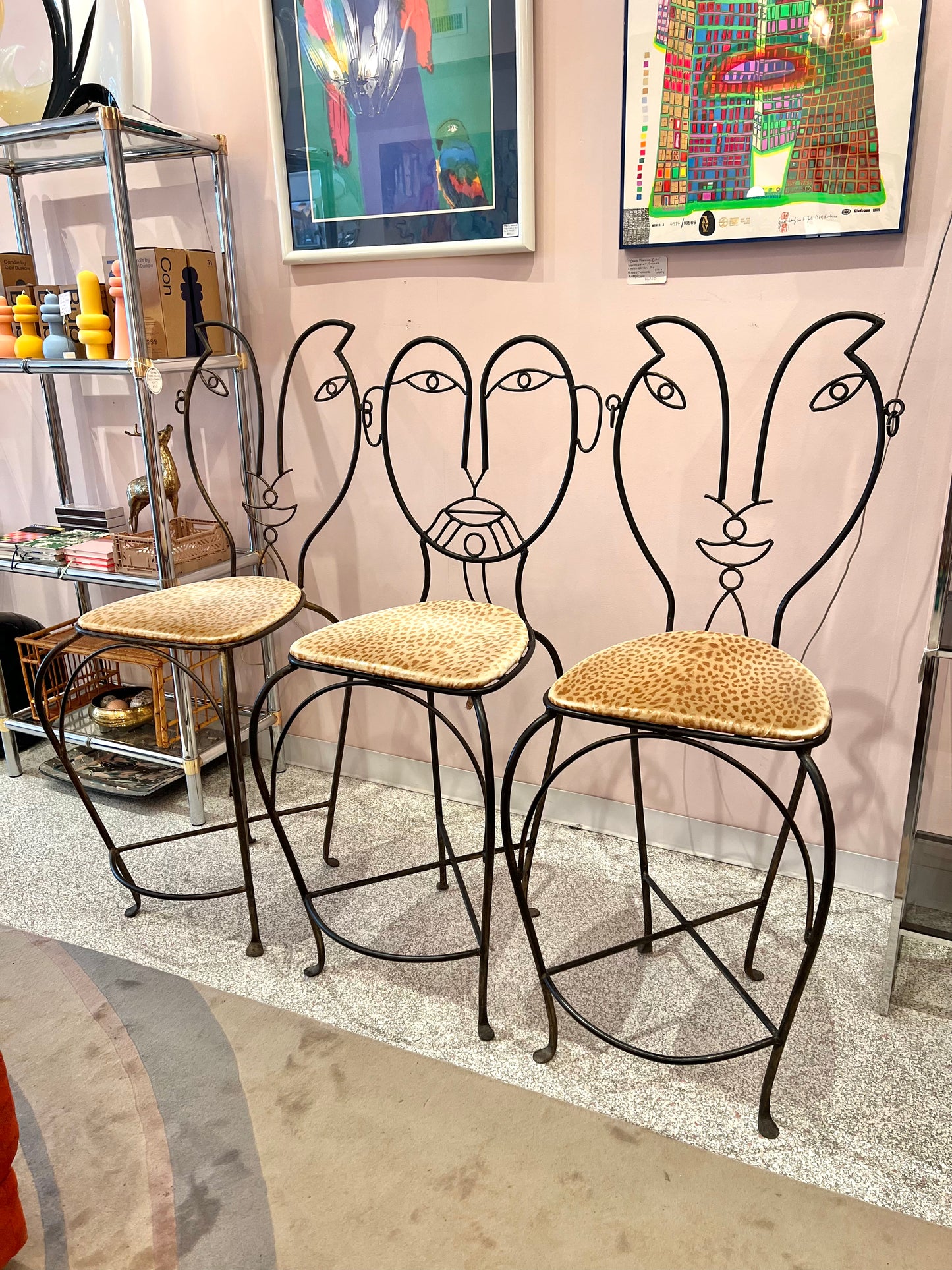 Vintage Set of 3 John Risley Style Figurative Face Bar Chairs