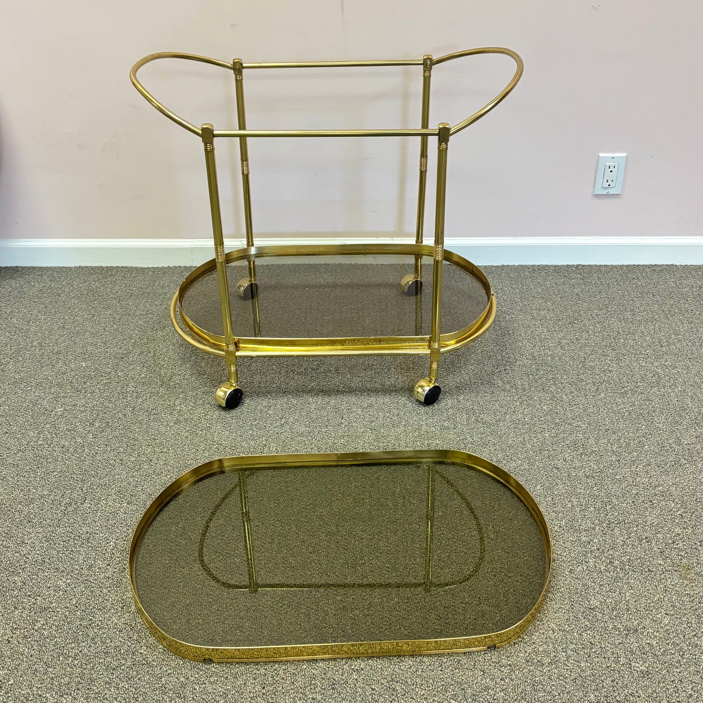 Vintage Oval Brass and Smoked Glass Rolling Bar Cart