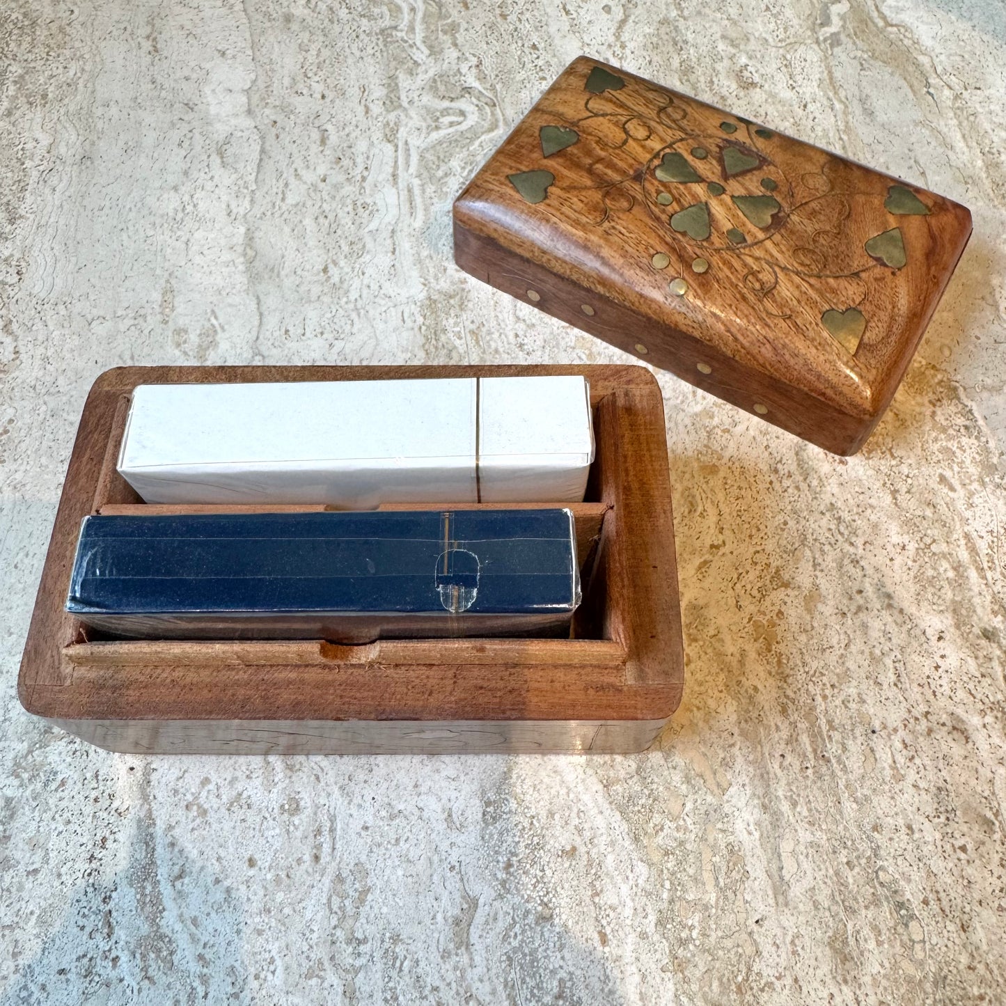 Vintage Wooden Playing Card Box with Brass Heart Inlay and Cards