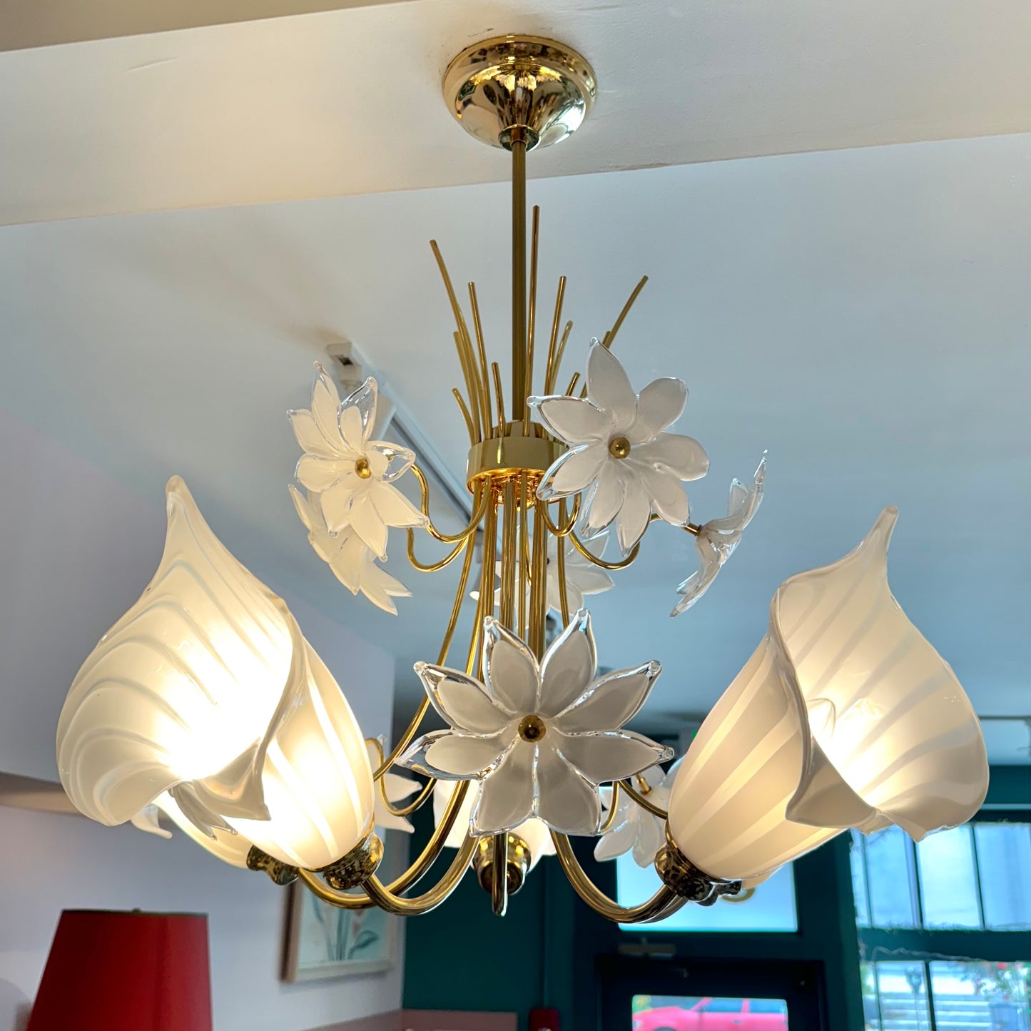 Vintage White Murano Glass Flower Chandelier