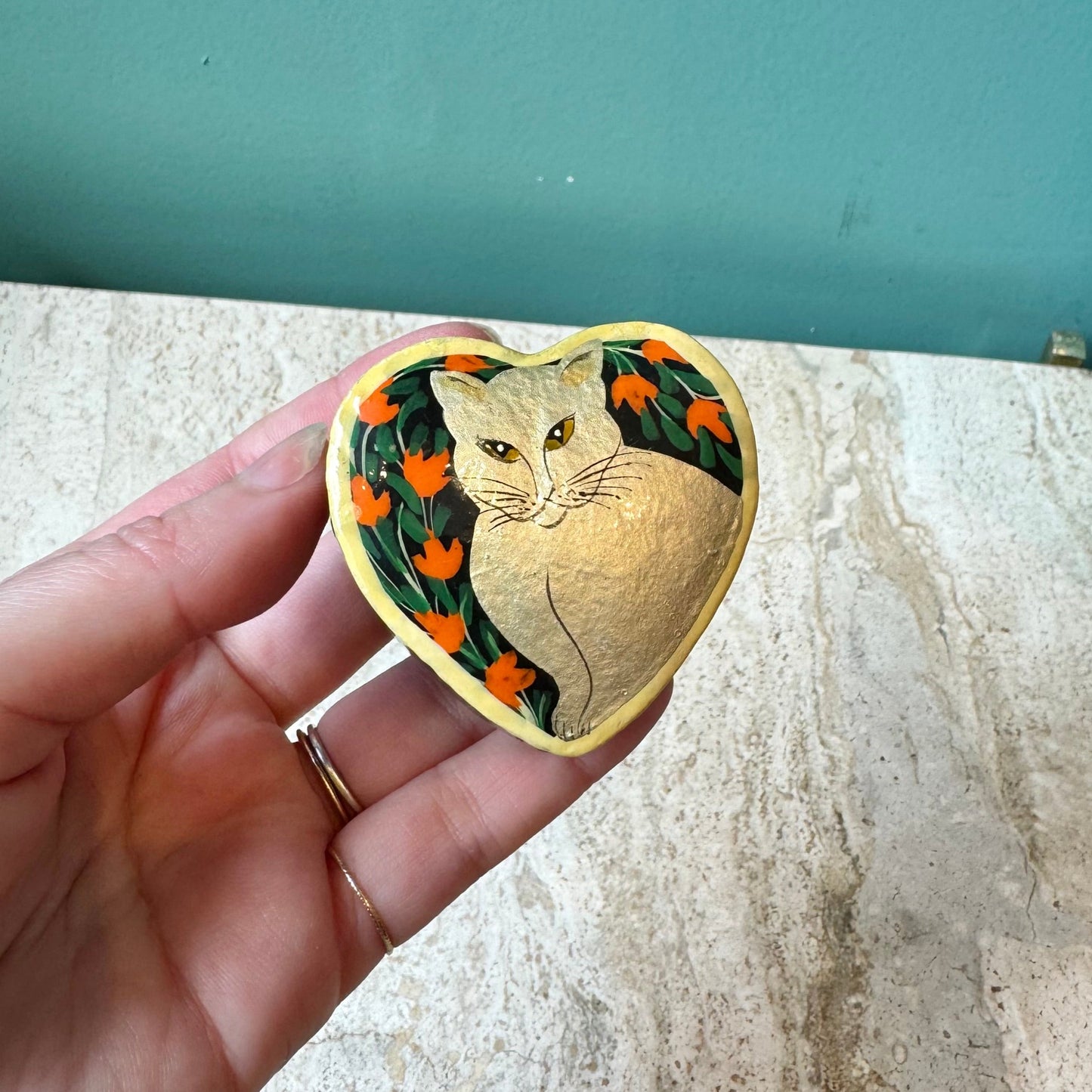 Vintage Hand Painted Cat Heart Box