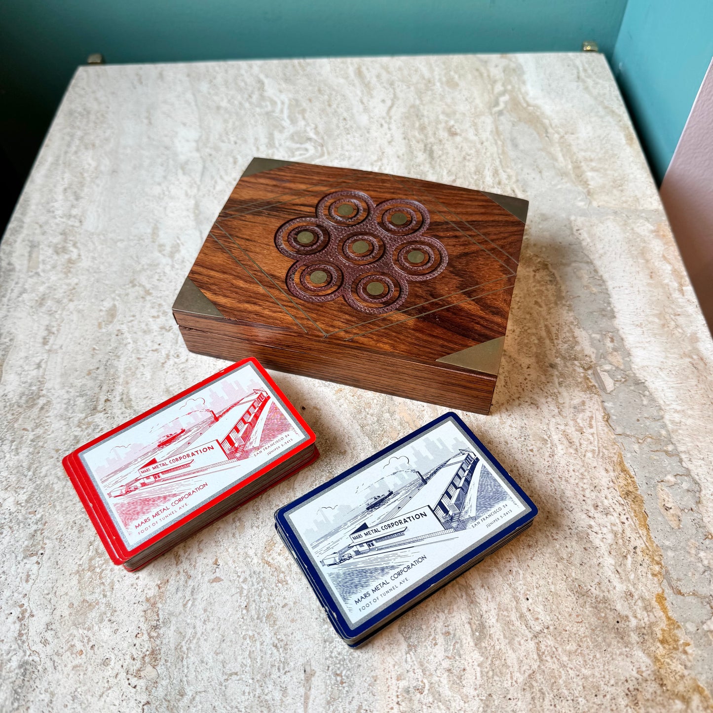 Vintage Rosewood and Brass Inlay Playing Card Box