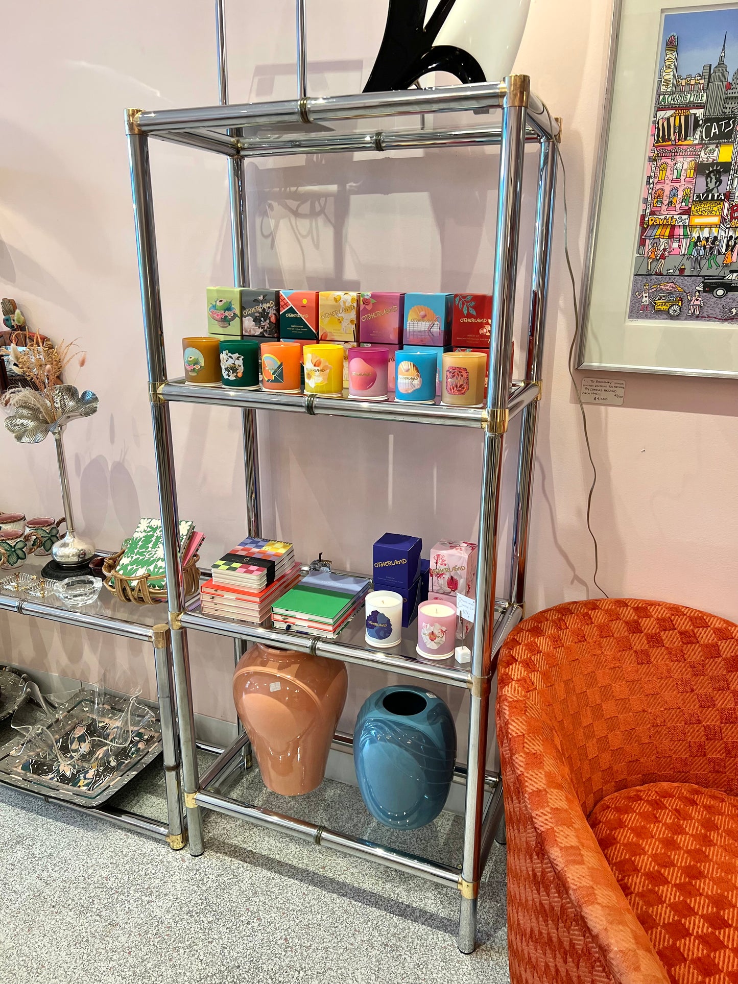 Vintage Chrome Etagere Shelf with Brass Bamboo Accents