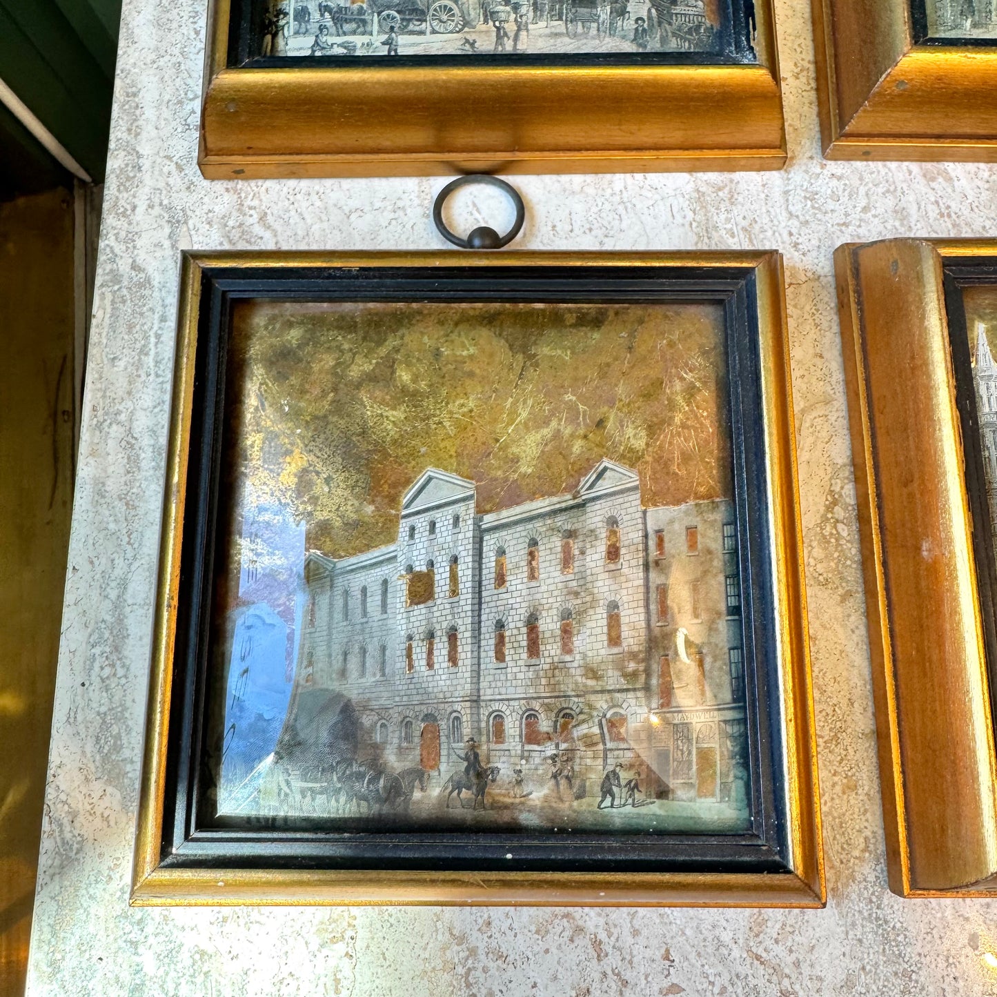 Set of 4 Antique Framed Sungott Decoupage Gold Leaf Convex Glass Artworks