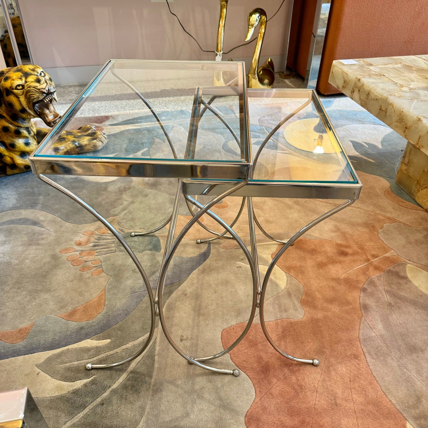 Pair of Vintage Chrome and Glass Nesting Side Tables