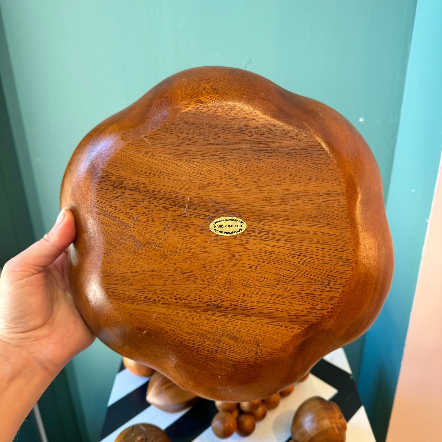 Mid Century Carved Monkey Pod Wooden Fruit and Bowl