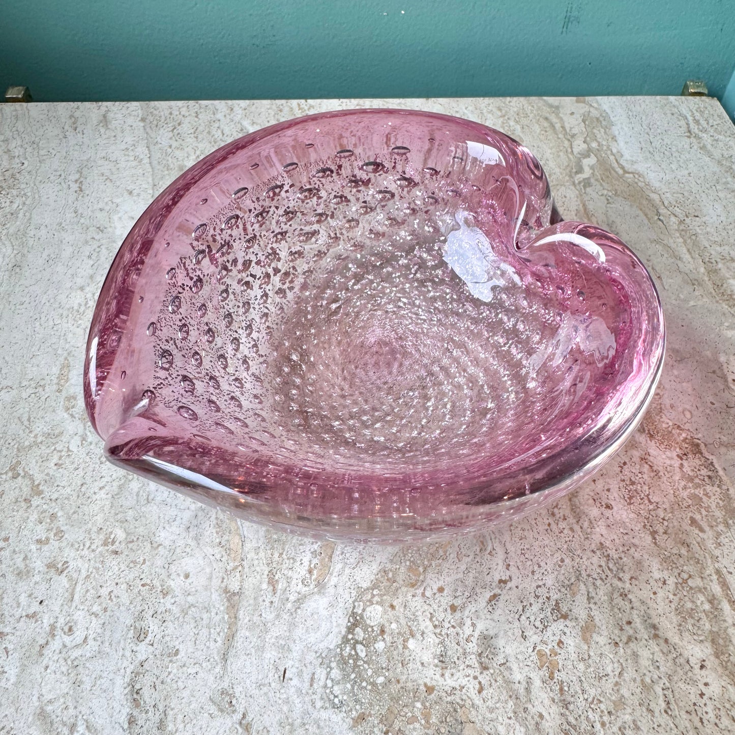 Vintage Signed Pink and Silver Leaf Murano Glass Bowl