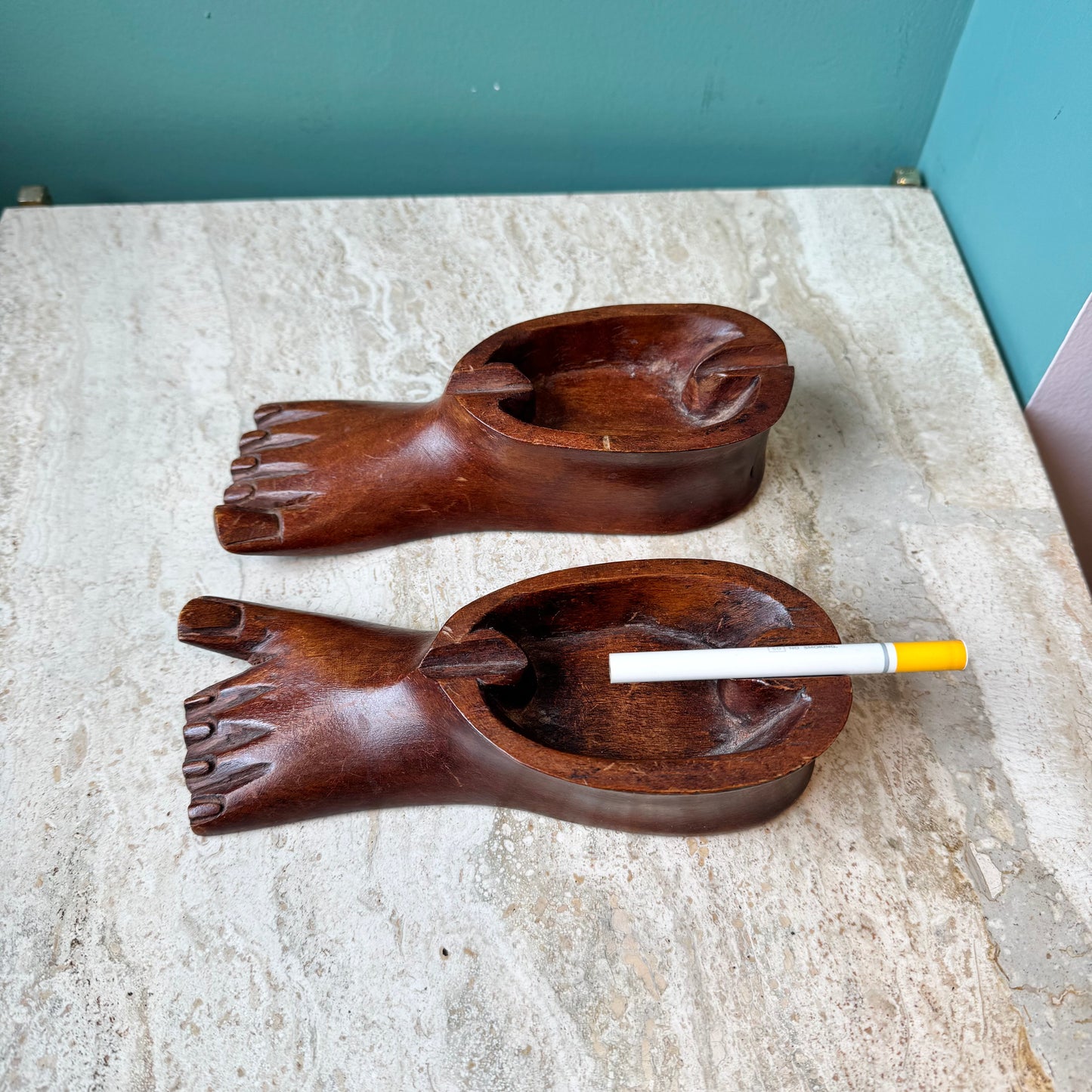 Pair of 1970’s Hand Carved Wooden Feet Ashtrays