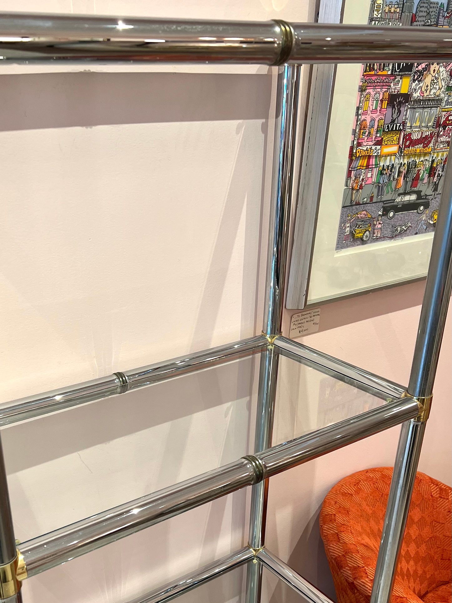 Vintage Chrome Etagere Shelf with Brass Bamboo Accents