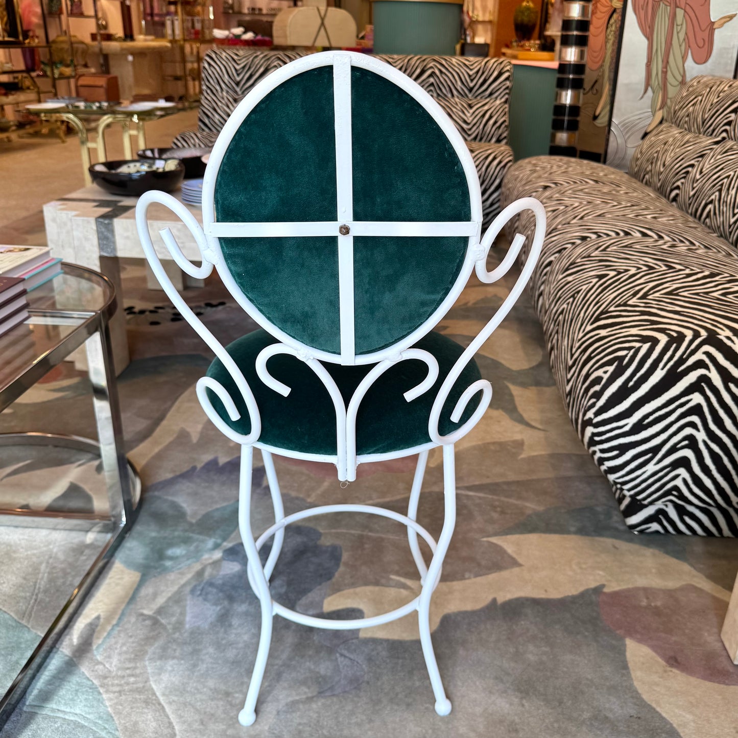 Vintage Small White Iron and Green Velvet Vanity Chair