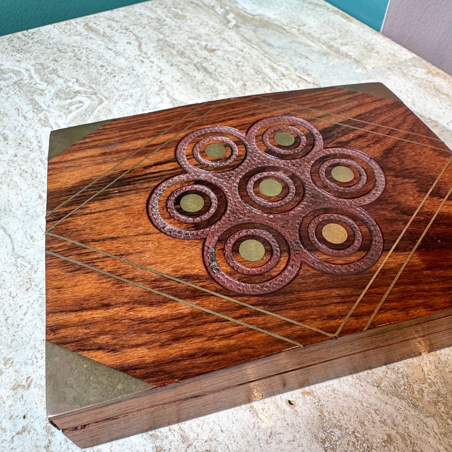 Vintage Rosewood and Brass Inlay Playing Card Box