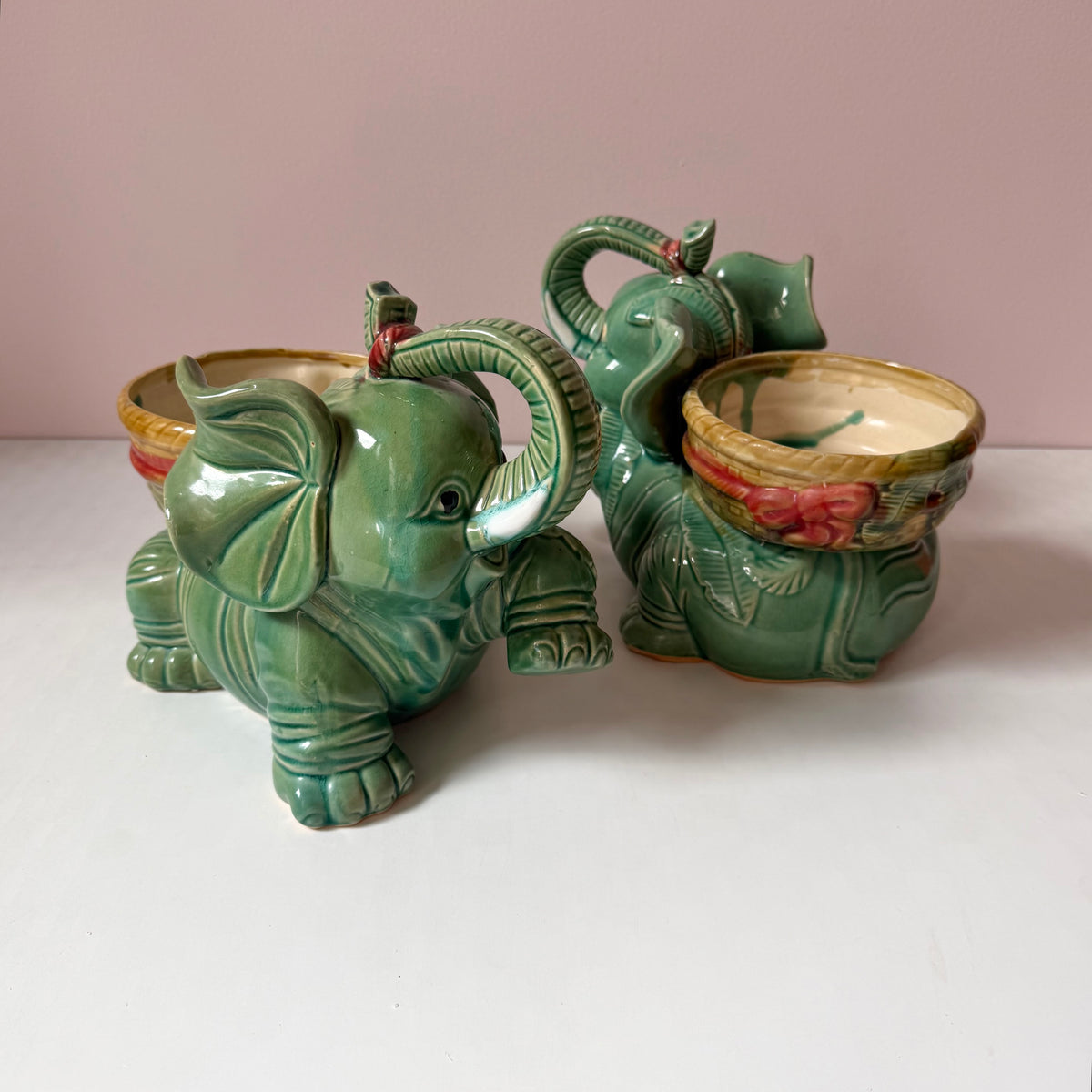Vintage Green Ceramic Elephant Planter