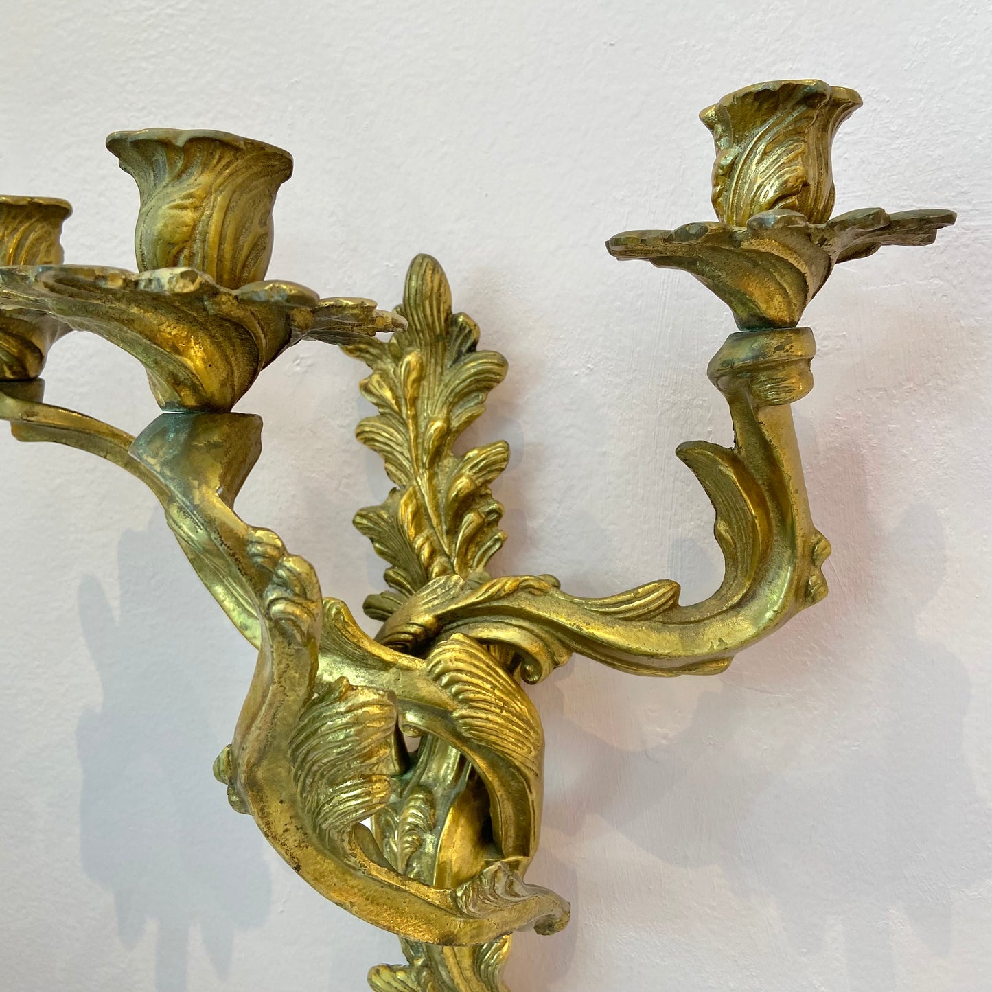 Pair of Antique Louis XV Rococo Style Brass 3 Arm Candle Sconces