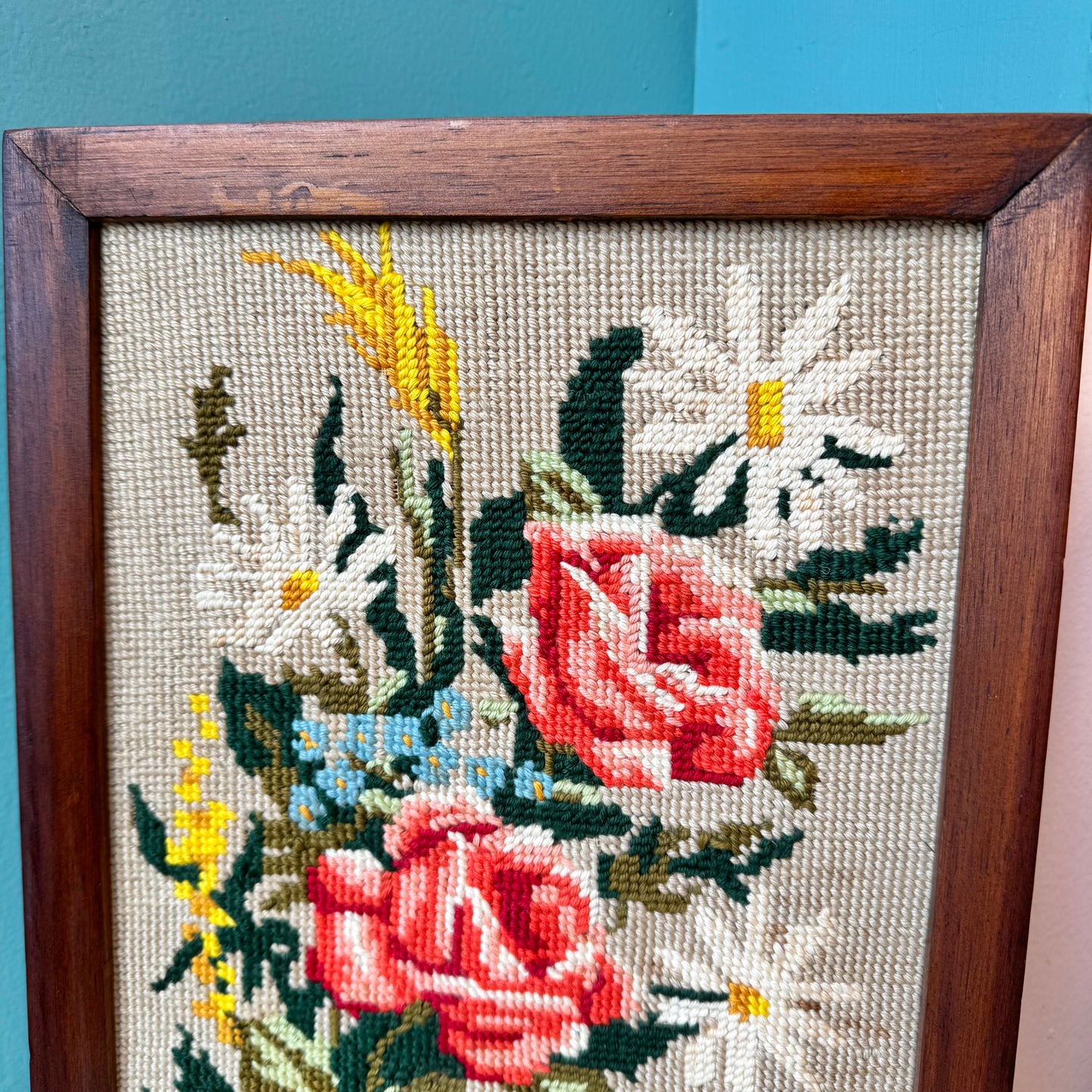 Vintage Framed Flower Needlepoint Artwork