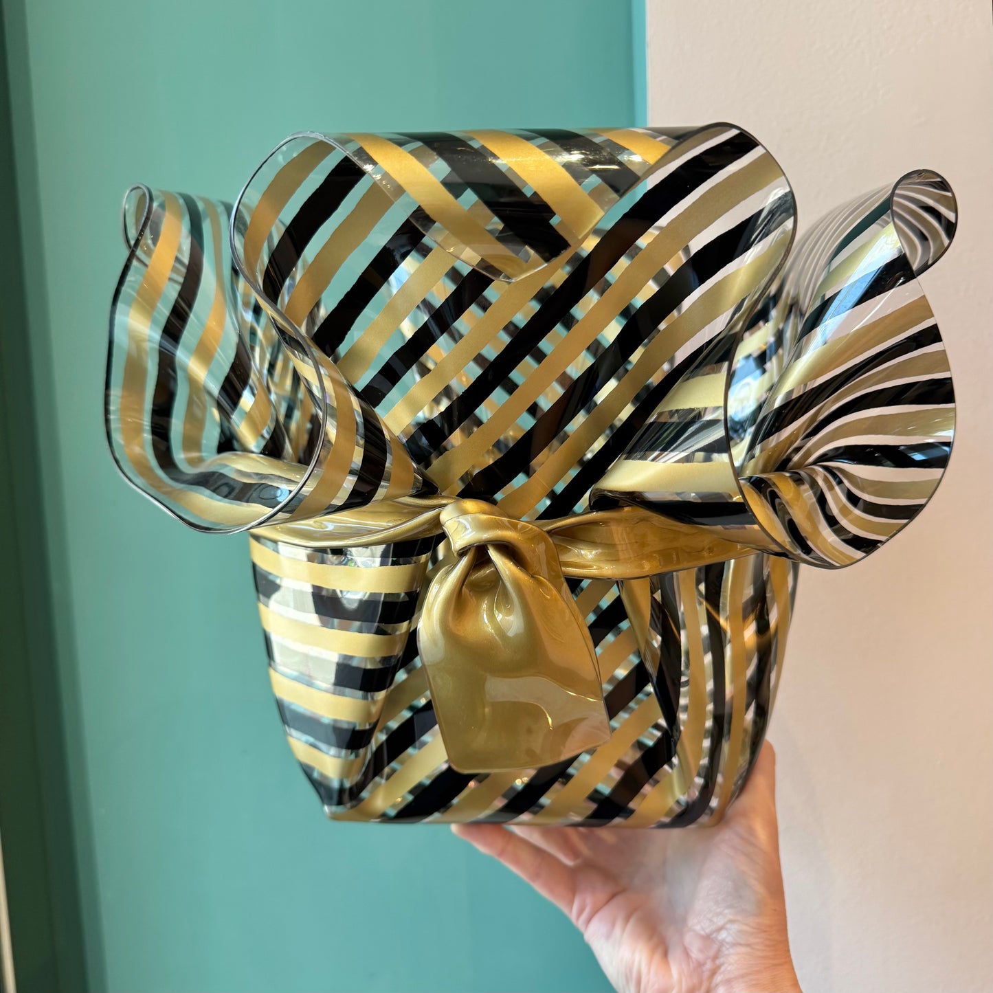 Large Vintage Clear and Gold Acrylic Ribbon Bowl by CT Designs