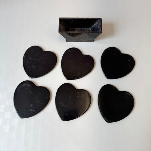Vintage Set of 6 Black Marble Heart Coasters in Caddy