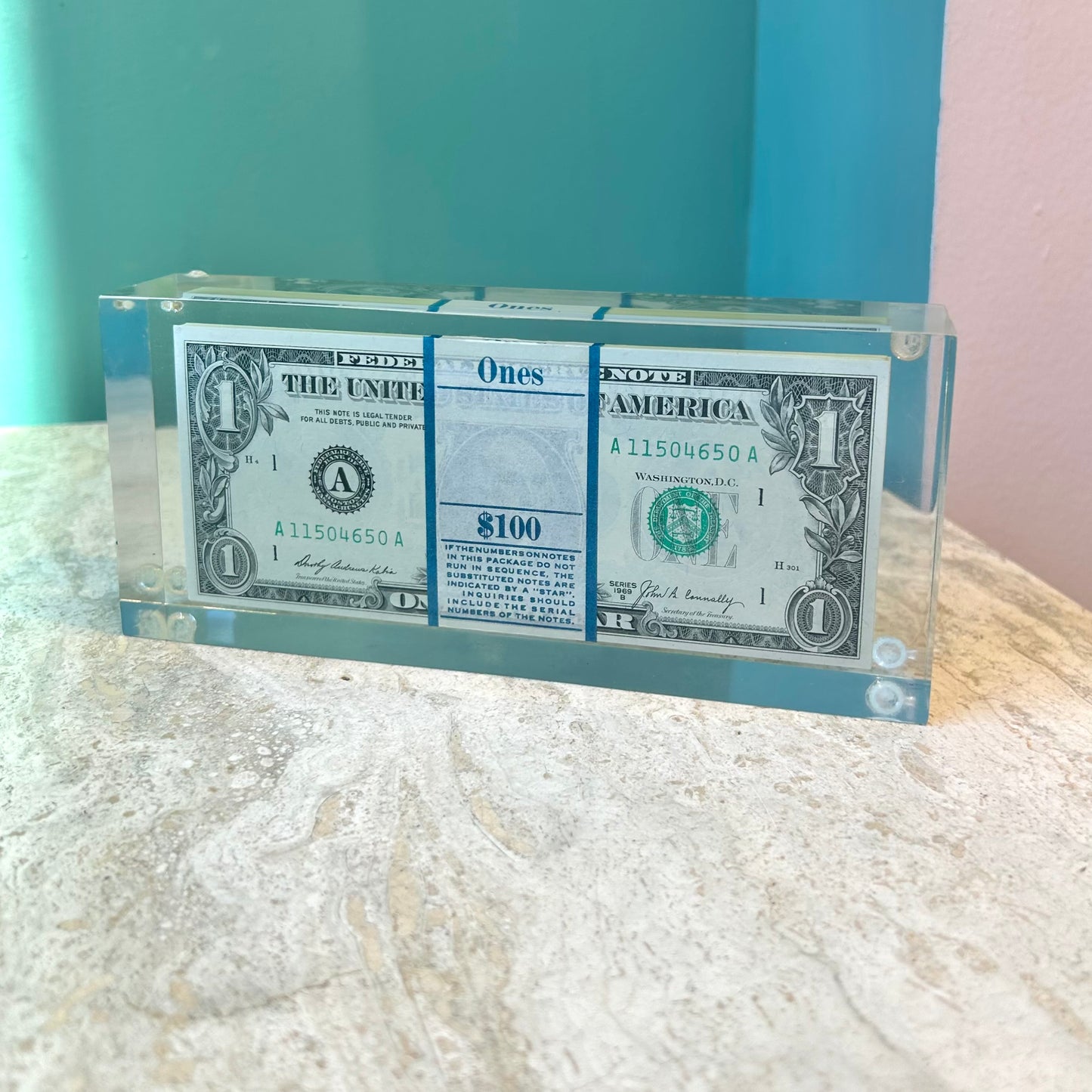 Vintage Lucite 1969 Stacked $100 One Dollar Bills Paperweight