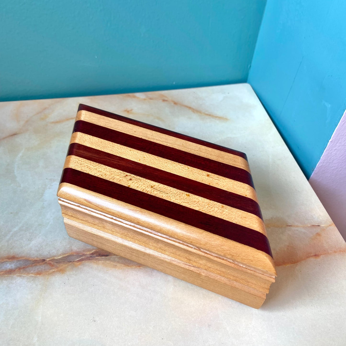 Vintage Handmade Striped Asymmetrical Wooden Box