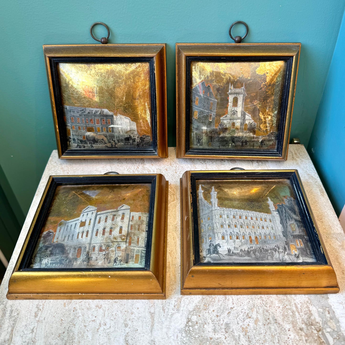 Set of 4 Antique Framed Sungott Decoupage Gold Leaf Convex Glass Artworks