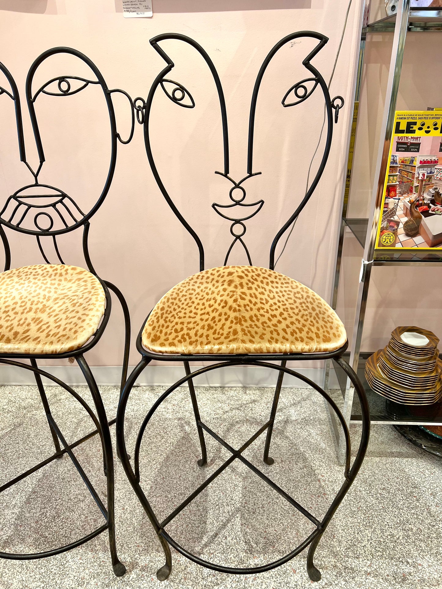 Vintage Set of 3 John Risley Style Figurative Face Bar Chairs