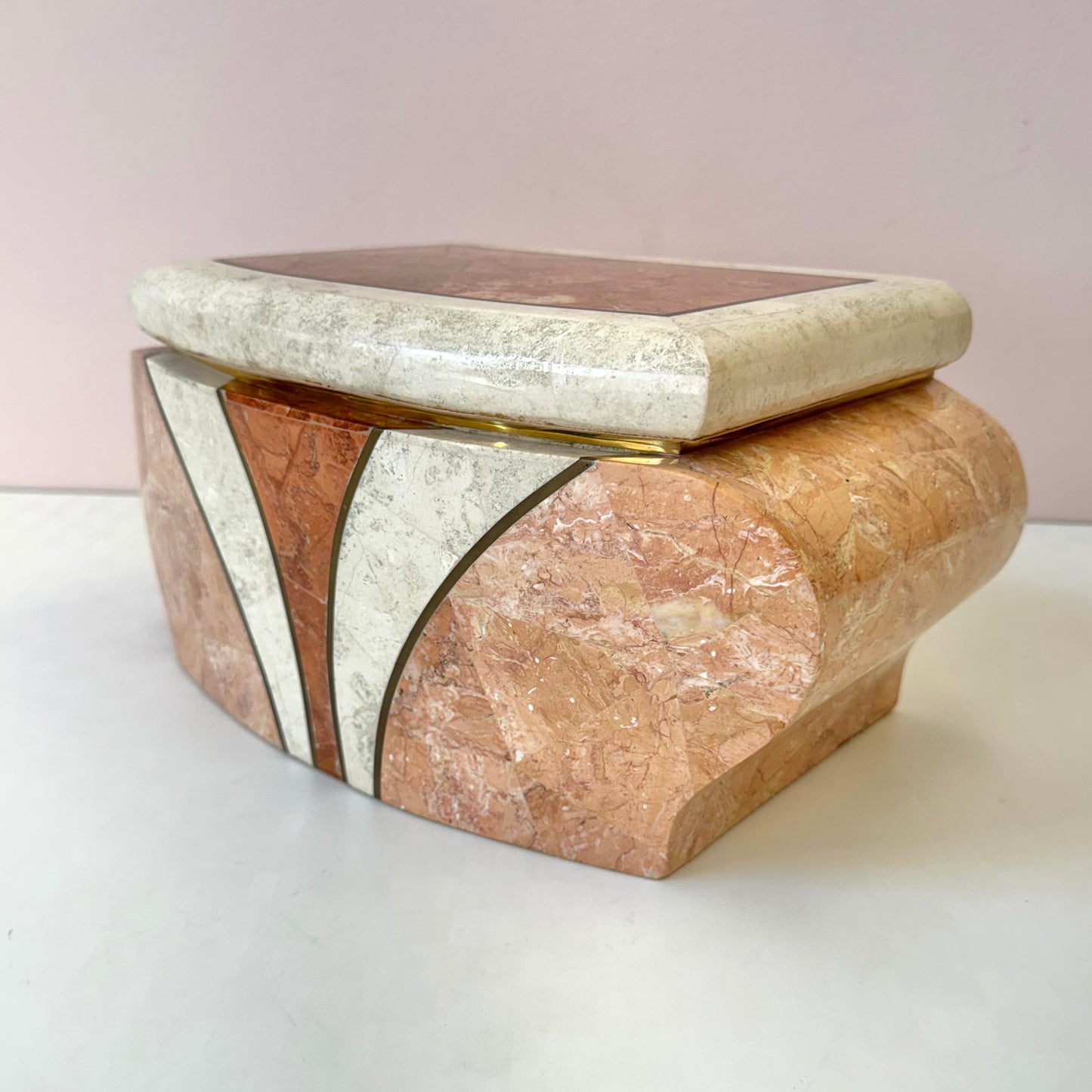 Vintage Maitland Smith Style Pink and Cream Tessellated Stone Box