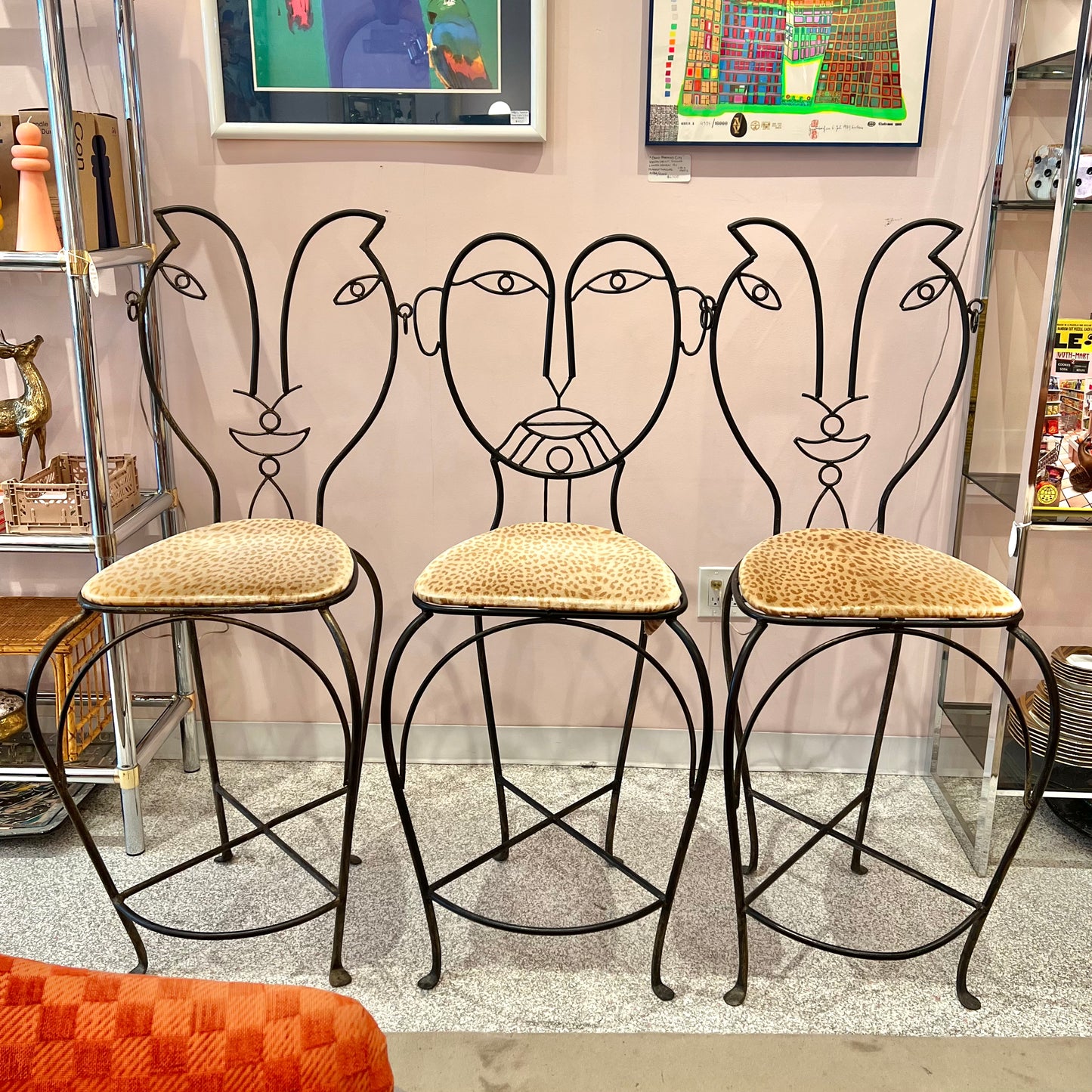 Vintage Set of 3 John Risley Style Figurative Face Bar Chairs